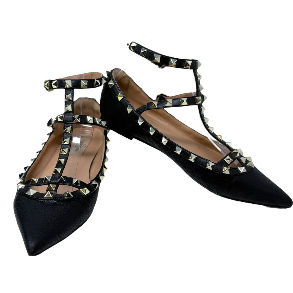 Valentino Black Studded T strap flats